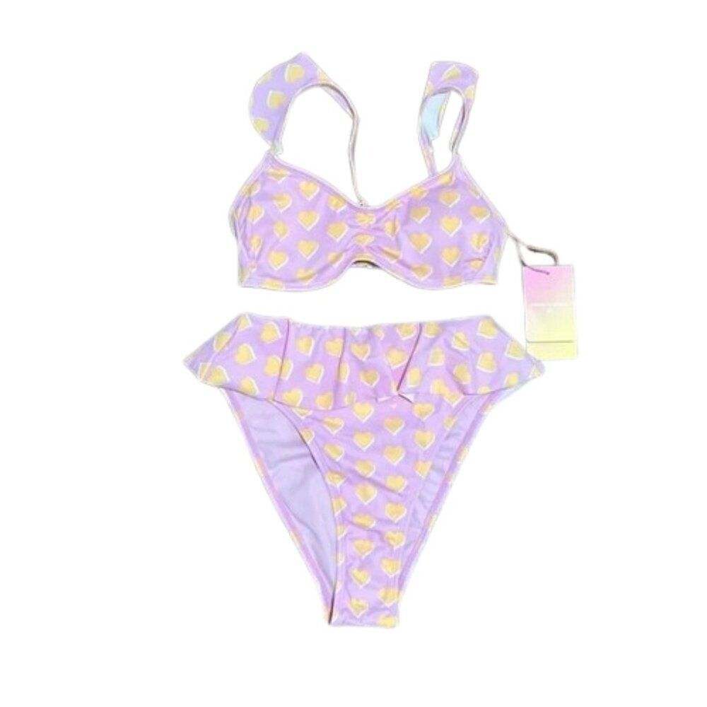 Stoney Clover Lane NWT Pink Heart Ruffle High Waist Bikini Set XS